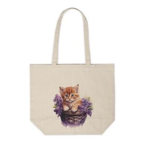 Floral Cat in a Basket Custom Canvas Tote Bag